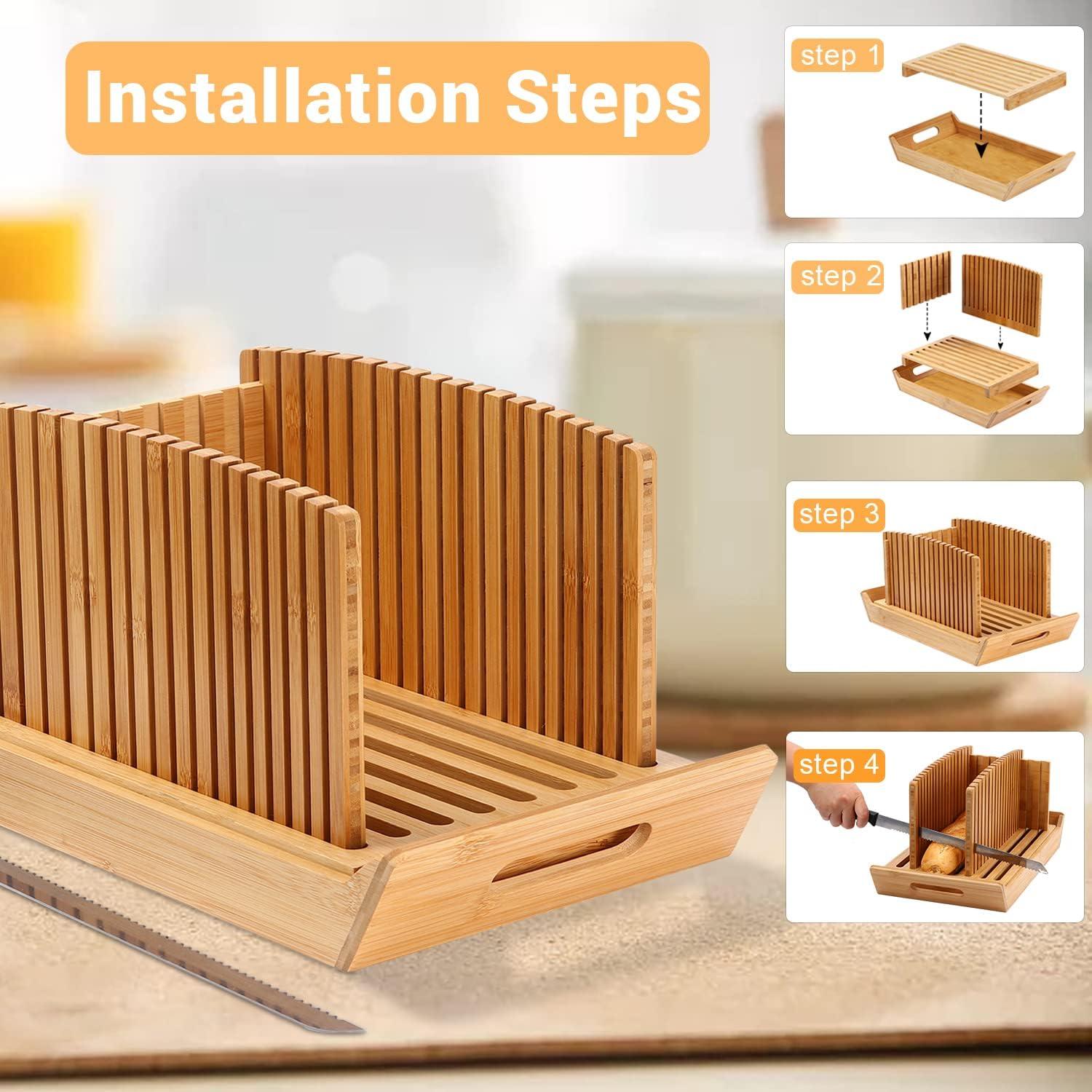 Premium Bamboo Bread Slicer for Homemade Bread, Crumb Catcher, Foldable and Compact Loaf Cutter 3 Size Slicing Guide