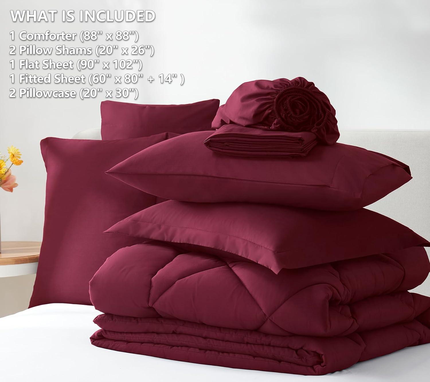 CozyLux Burgundy Comforter Set Queen 7 Pieces Red Comforter Set Queen Bedding Sets Maroon Wine with All Season Quilted Comforter, Flat Sheet, Fitted Sheet, Pillowcases