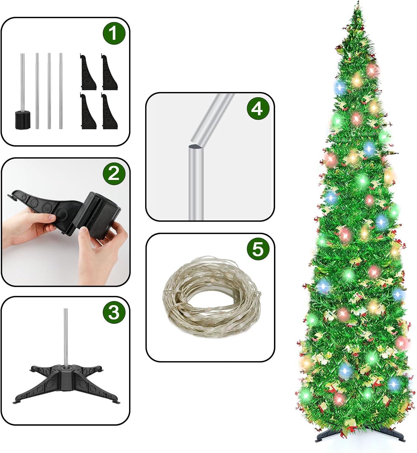 5 FT Silver Green LED Twinkling Christmas Tree with Sequin Tinsel