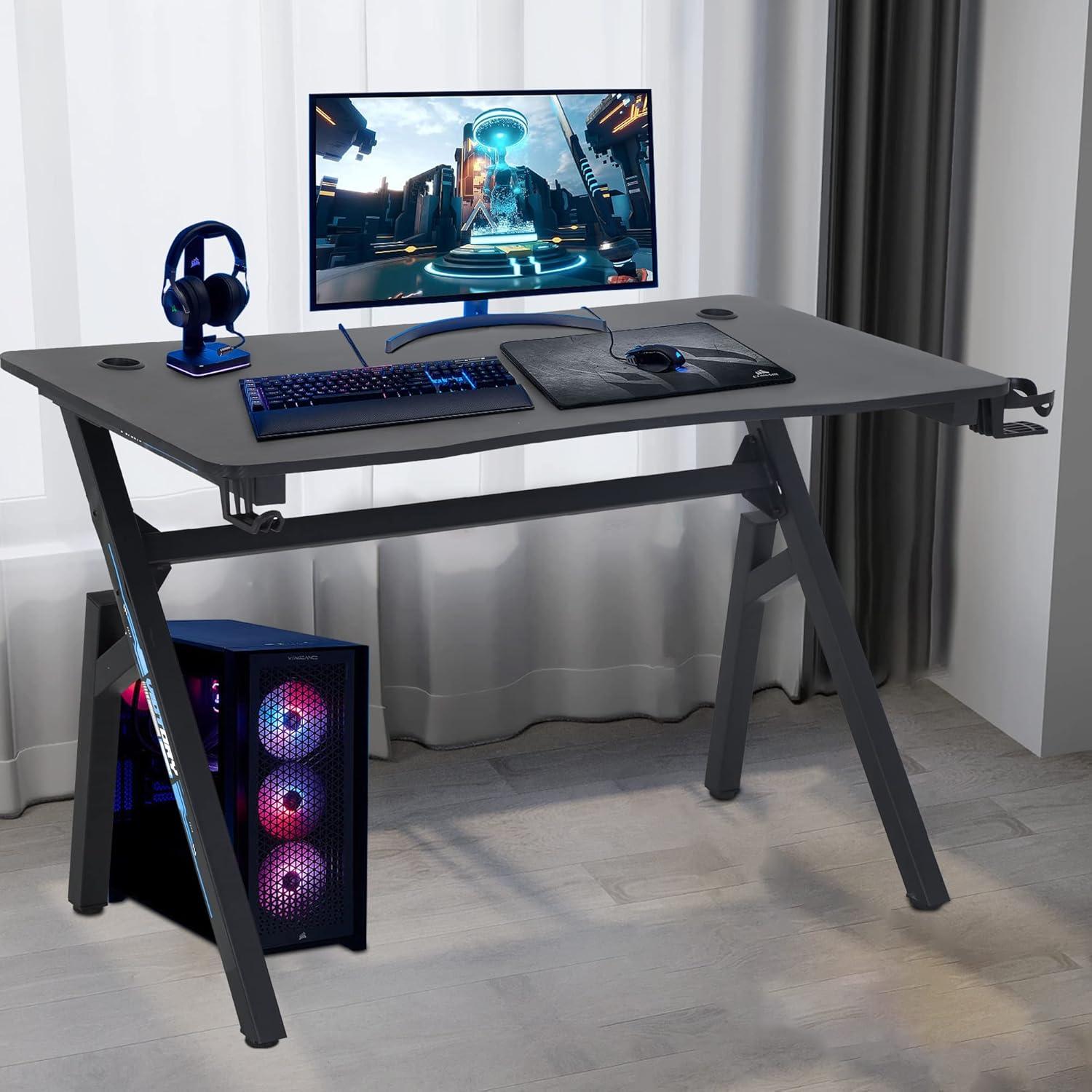 FDW 47 Inch Gaming Desk PC Carbon Fiber Table Ultimate Gamer Workstation with Cup Holder & Headphone Hook for Home Office