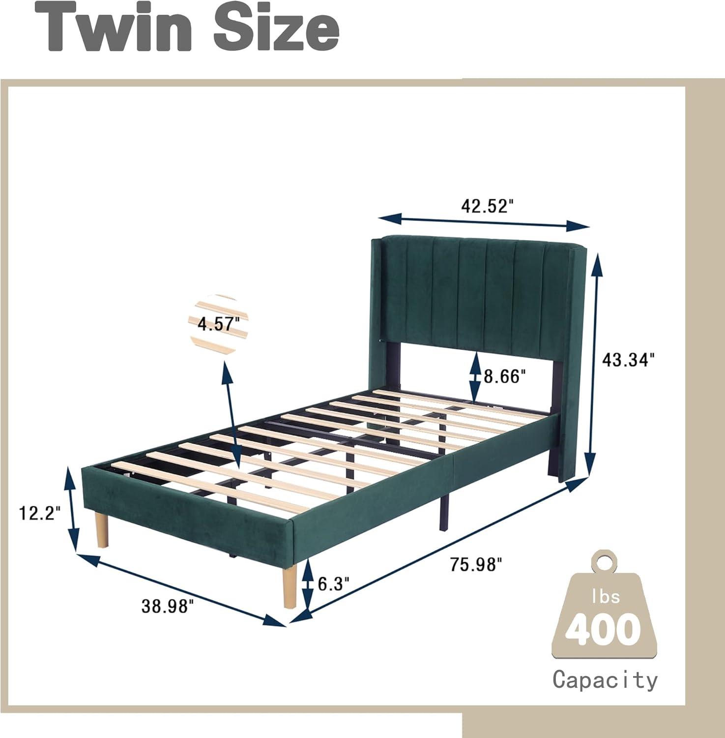 Twin Green Velvet Upholstered Platform Bed with Wingback Headboard