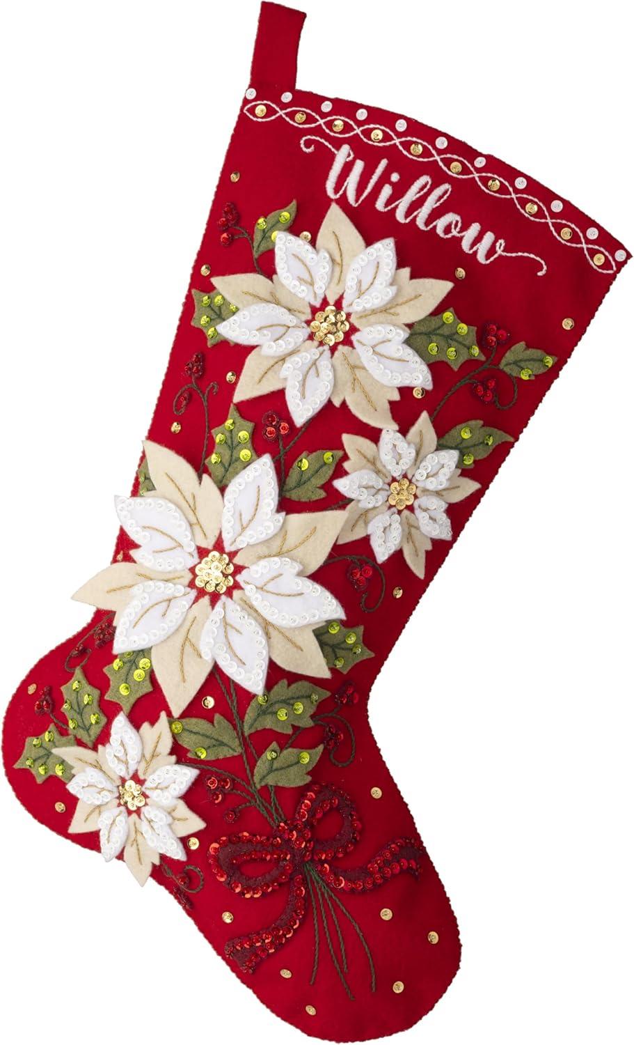 Posh Poinsettia Red Felt Embroidered Christmas Stocking Kit