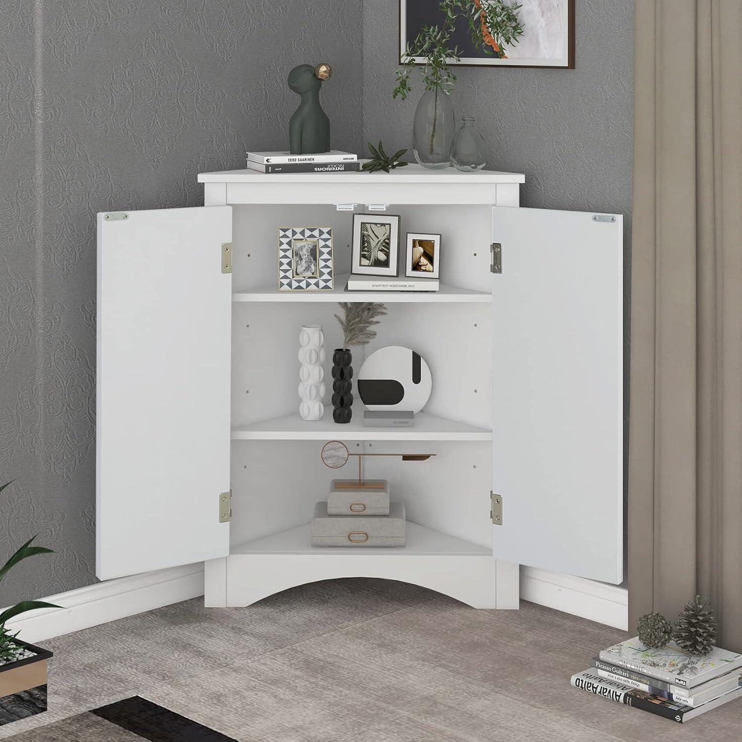 Yardmaster Bathroom Storage Cabinet, Corner Cabinet with 2 Doors and Adjustable Shelves, Freestanding Corner Storage Cabinet for Bathroom, Kitchen, Living Room, White
