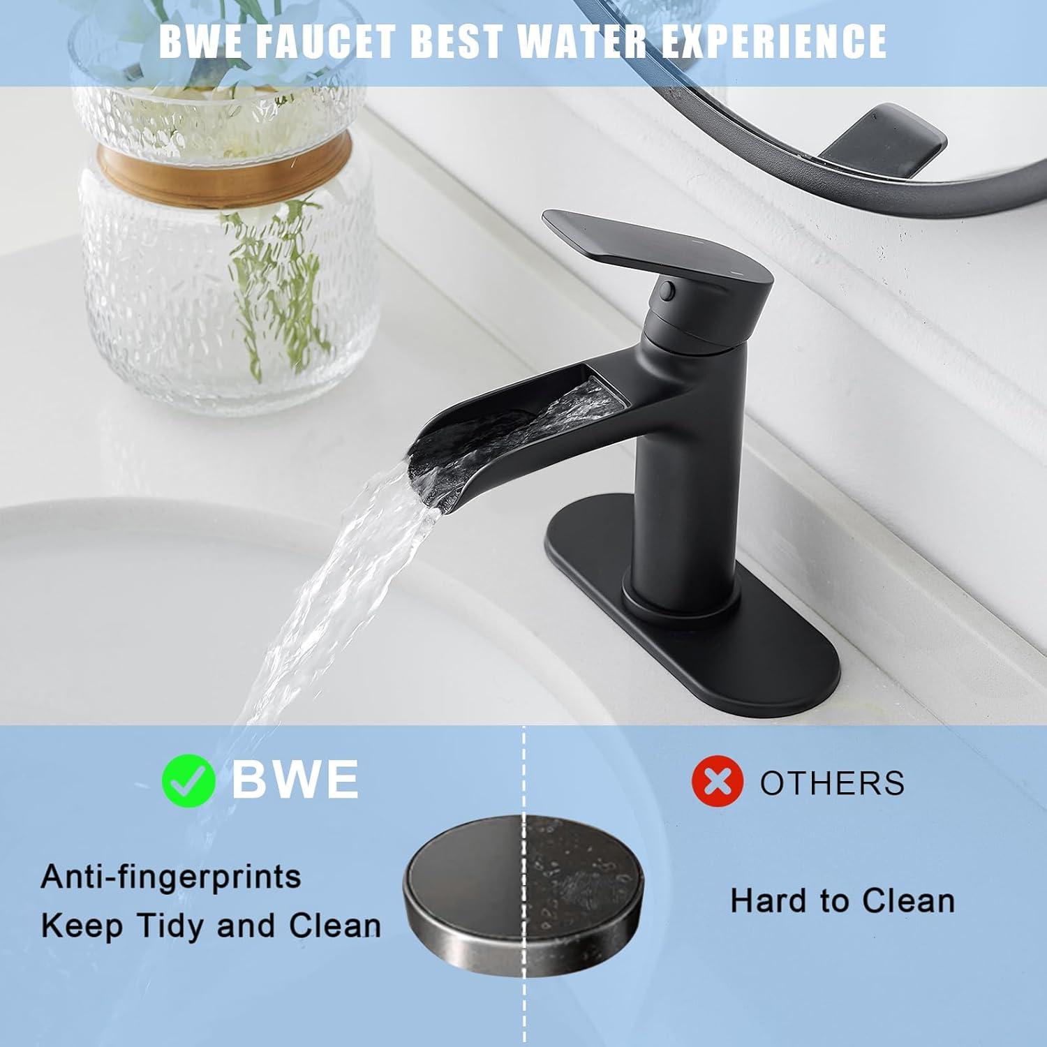 BWE Waterfall Single Handle Single Hole Modern Bathroom Faucet Bathroom Sink Faucet in Matte Black