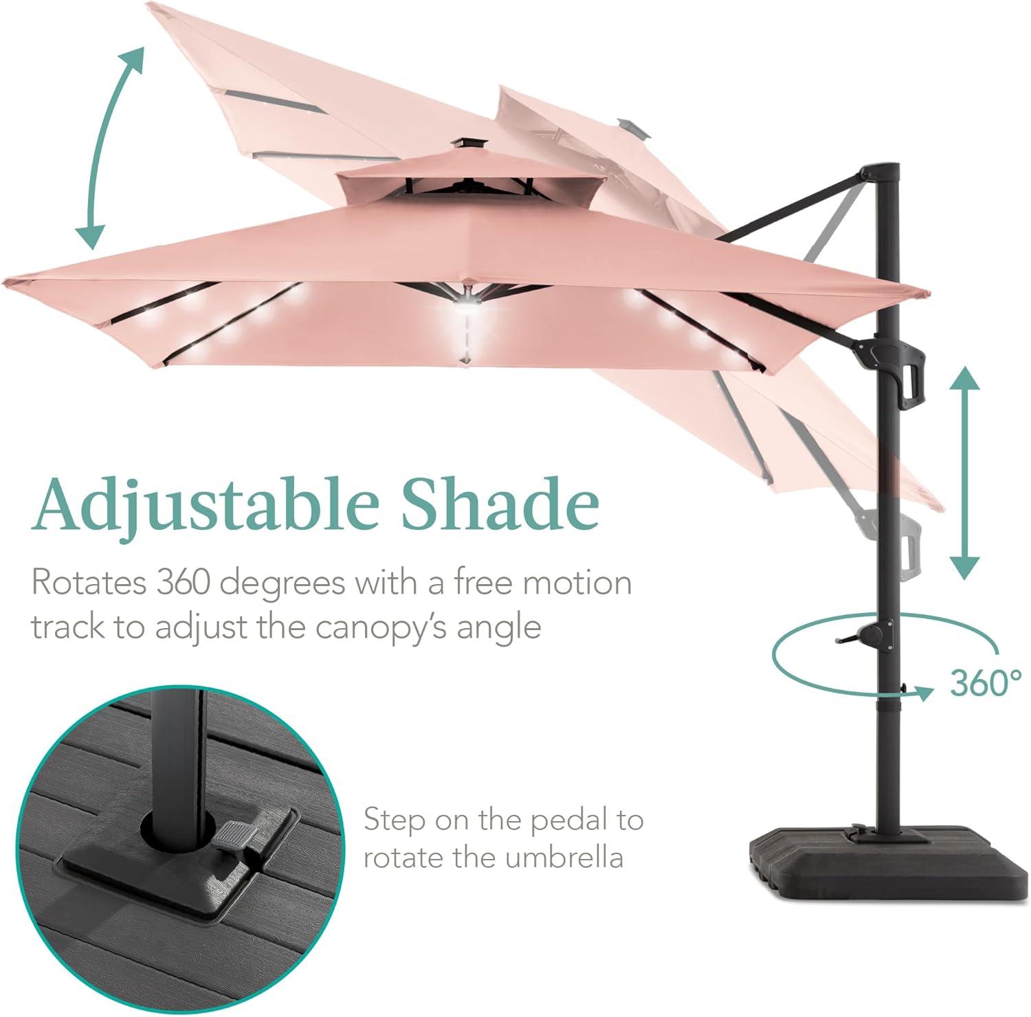 Best Choice Products 10x10ft 2-Tier Square Outdoor Solar LED Cantilever Patio Umbrella w/ Base Included - Rose Quartz