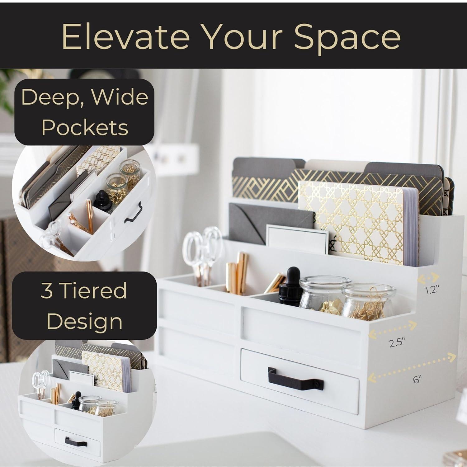 Blu Monaco White Desktop Organizer with Drawer - Paper Wood Bill & Mail Organizer for Office Desk, Countertop & Workspace Storage