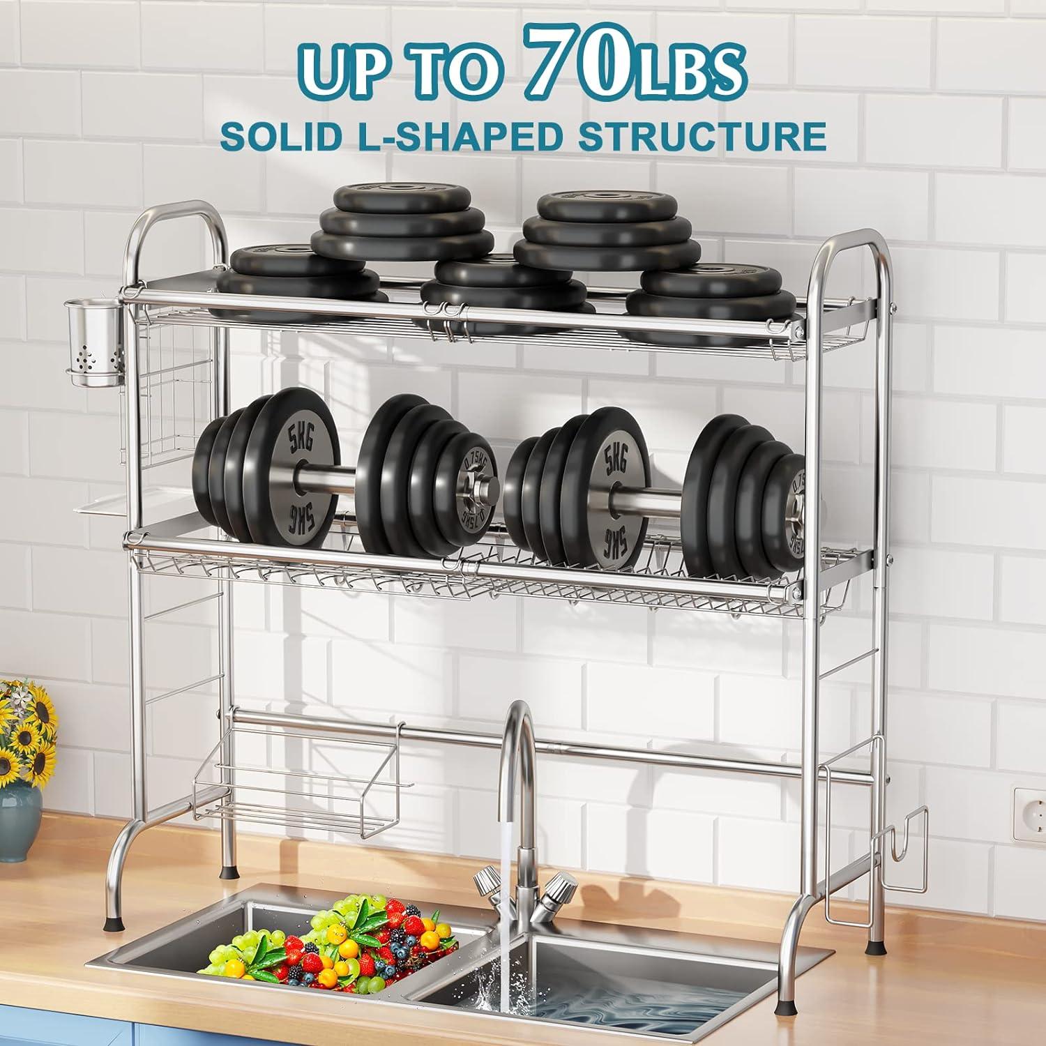 Over The Sink Dish Drying Rack, 2-Tier Stainless Steel Large Over The Sink Dish Rack with Utensil