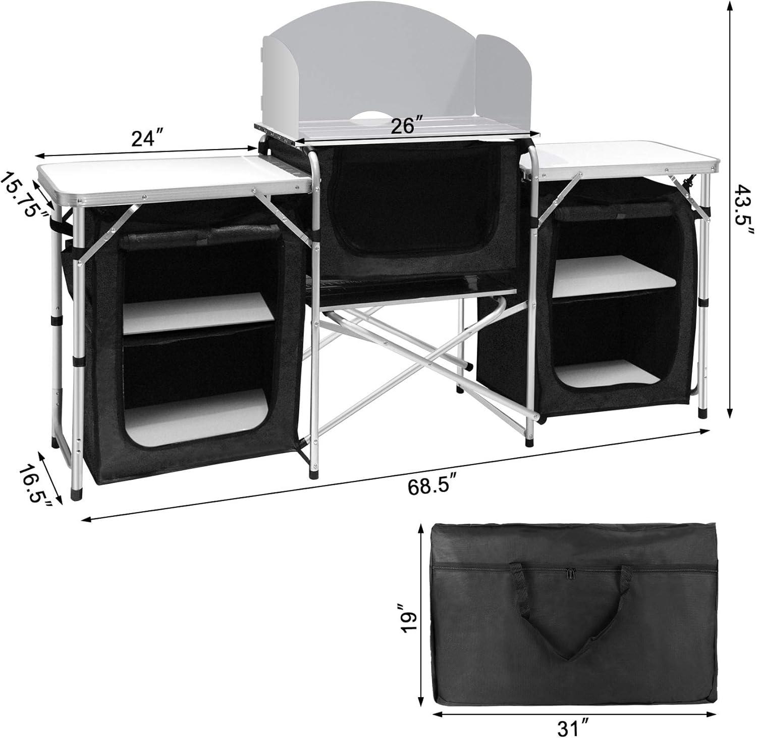 Aluminum Portable Camping Kitchen Table with Windscreen and Storage