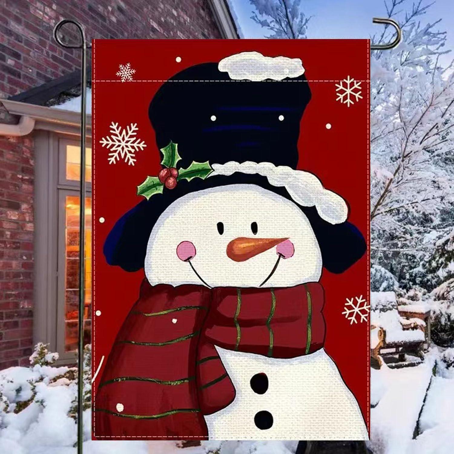 JOOCAR Smile Snowman with Red Scarf Outdoor Yard Flag Decorative Snowflake Winter Garden Flag 12x18 Inch