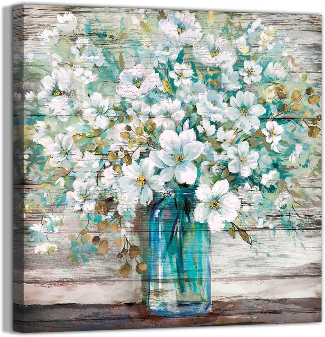 Teal Blue Mason Jar with White Flowers Canvas Wall Art