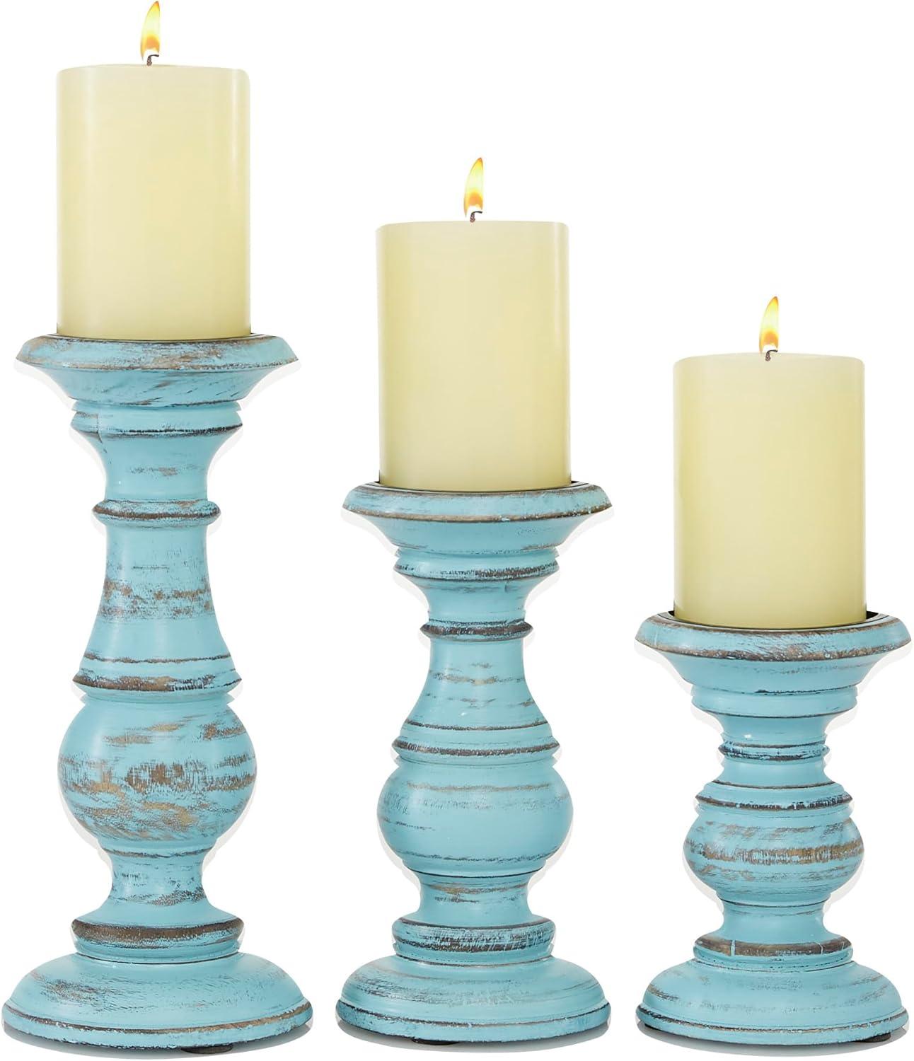 DecMode Traditional and Timeless Mango Wood Pillar Candle Holder Set of 3, 6", 8", 10"H, Light Blue Finish