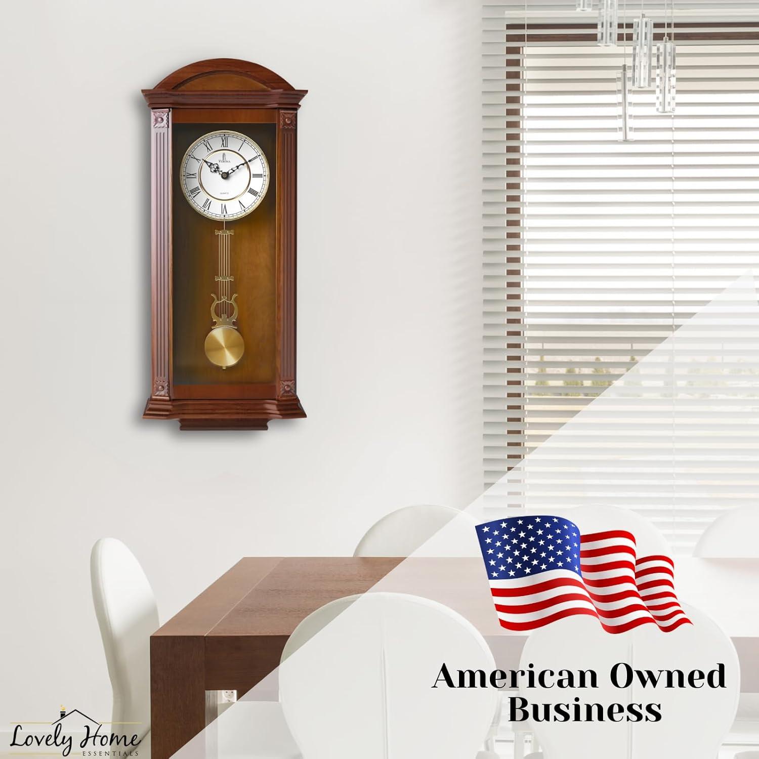 Pendulum Wall Clock Battery Operated - Large, Wooden Hanging Grandfather Wall Clock with Pendulum, 27x11 - Quiet, Made with Real Wood for Living Room Decor, Office & Home Décor Gift