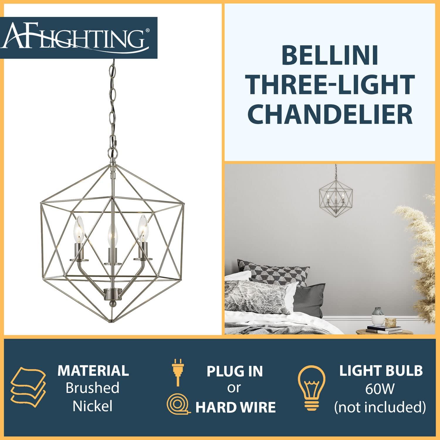 AFLighting Bellini 3 Light Modern Metal Wire Shade Brushed Nickel Hardwires Chandelier