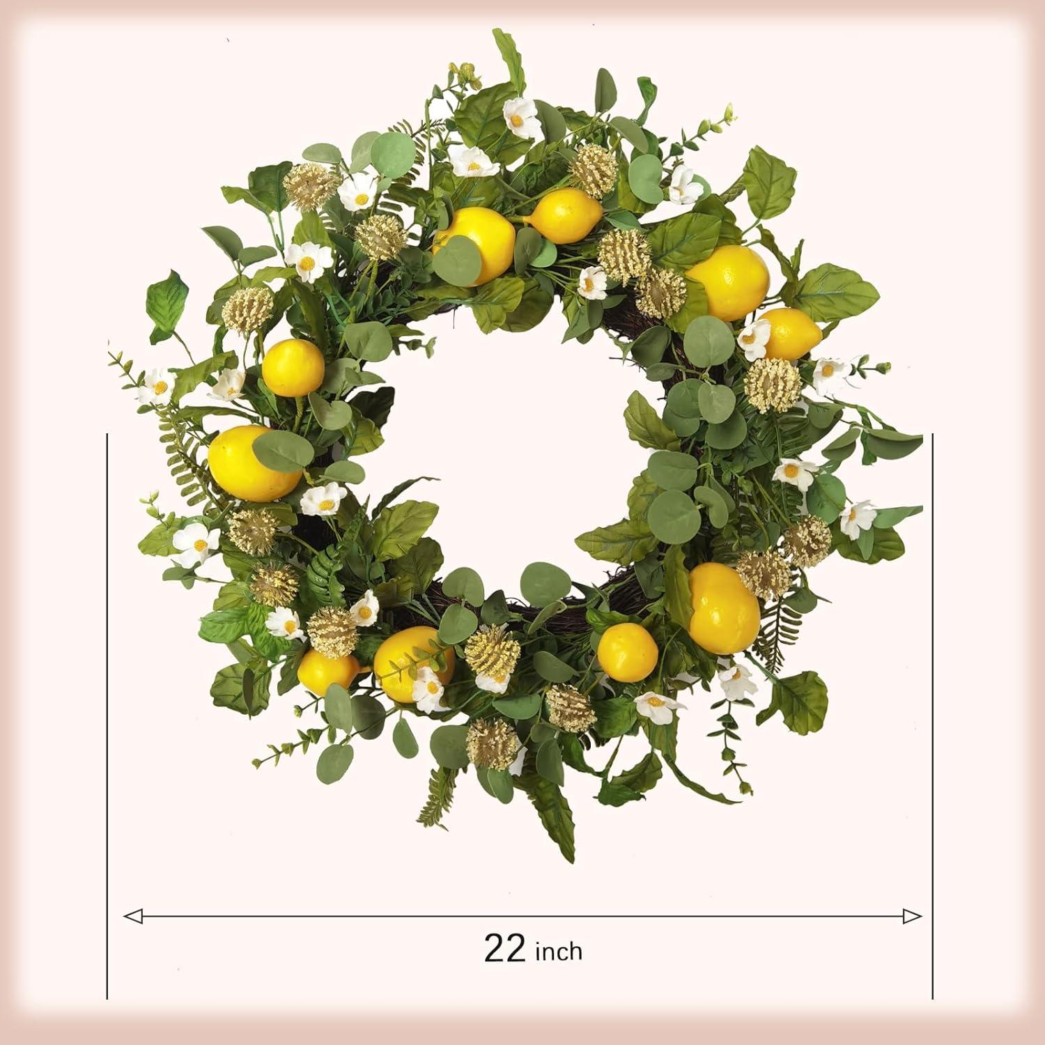 Idyllic 22 Inch Summer Yellow Lemon Wreath with Green Leaves for Front Door, Spring Summer Lemon Eucalyptus Wreath for Inside and Outside, Wedding Wild Flowers Decor