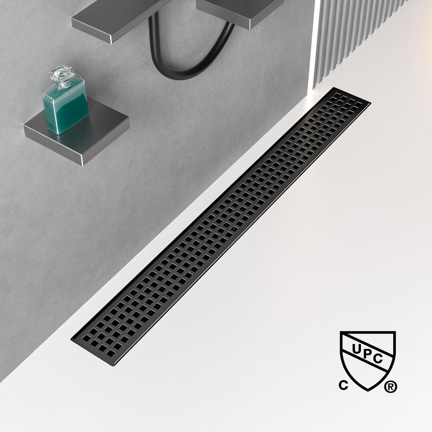 Matte Black Stainless Steel Linear Shower Drain with Square Pattern Cover