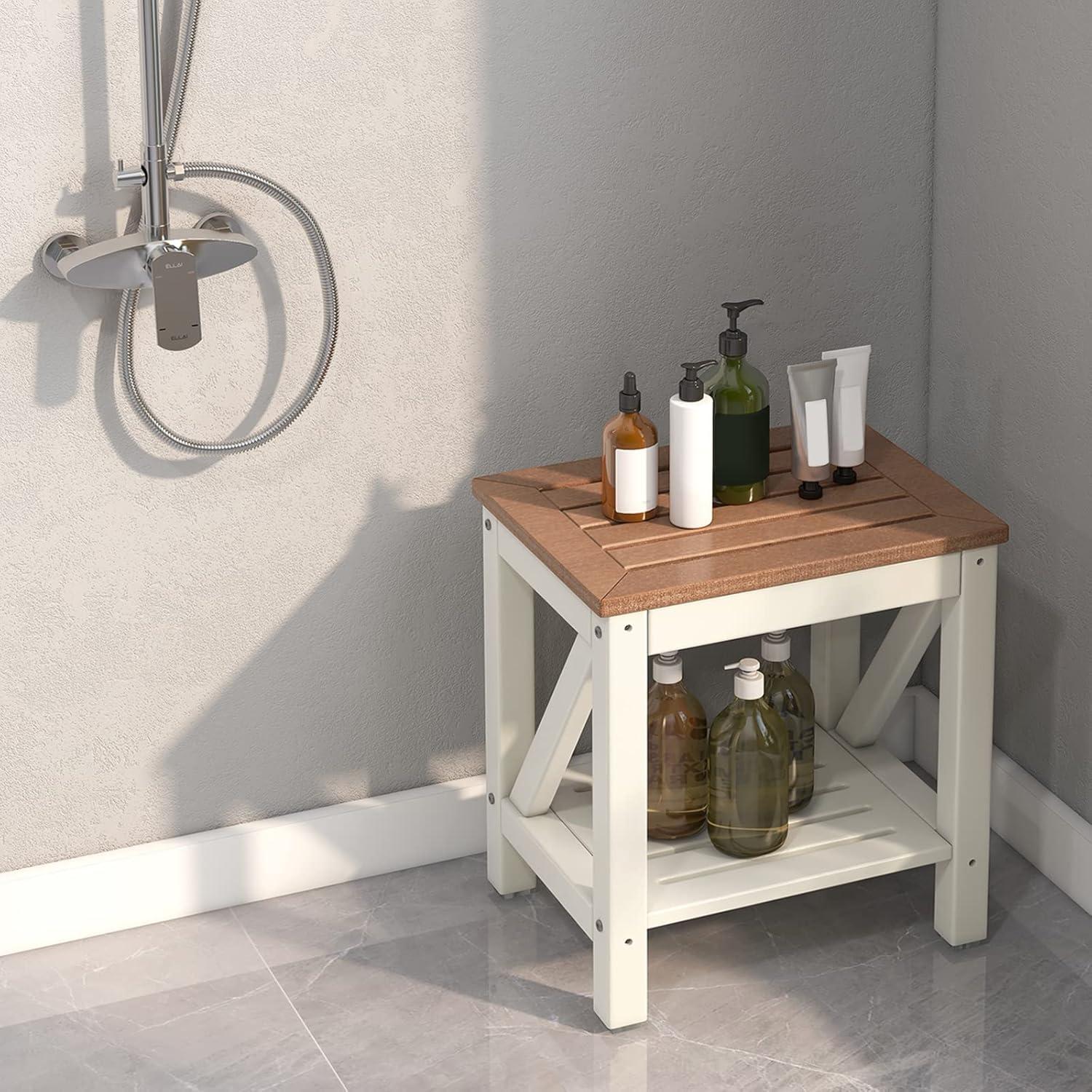 Brown and Creamy White 2-Tier Plastic Shower Bench with Storage Shelf