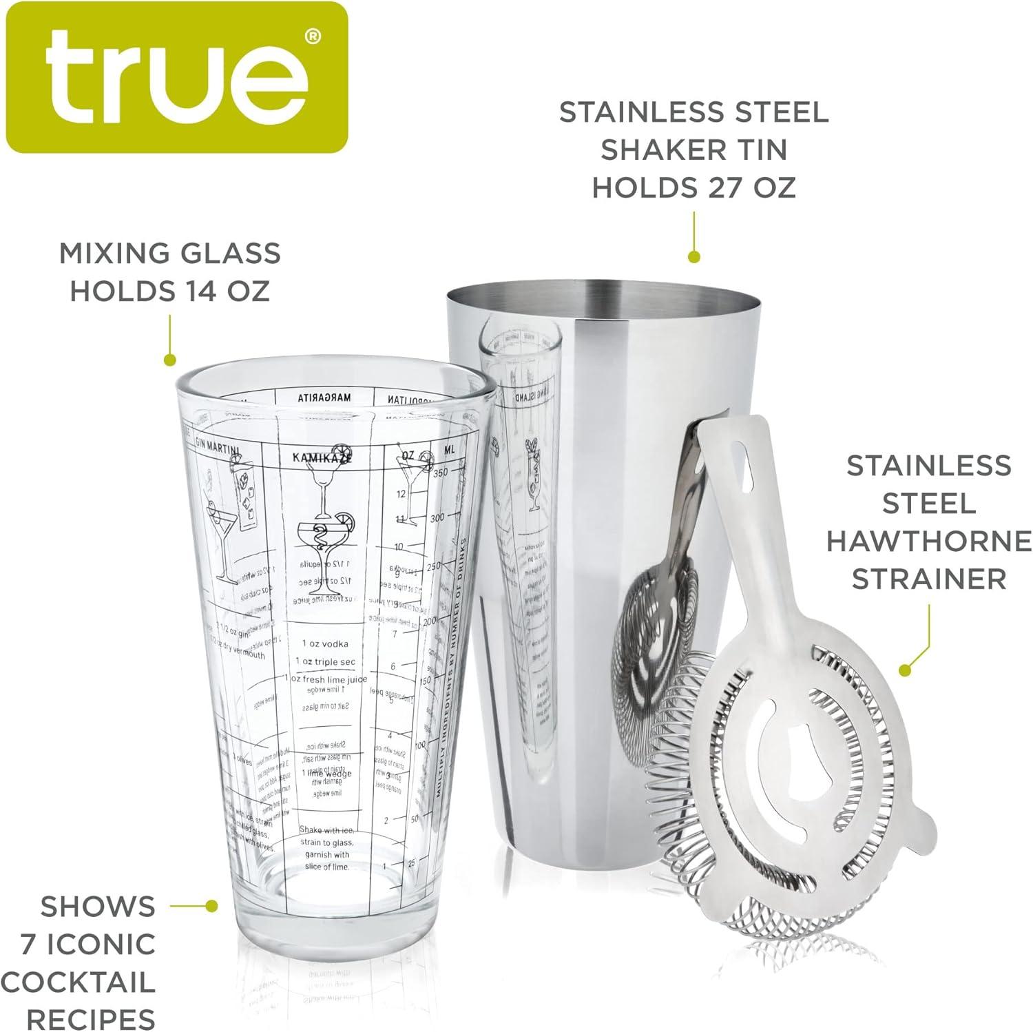 True 3-Piece Barware Set with 7 Cocktail Recipes and Measurements Printed on Mixing Glass, Glass and Stainless Steel, Multicolor
