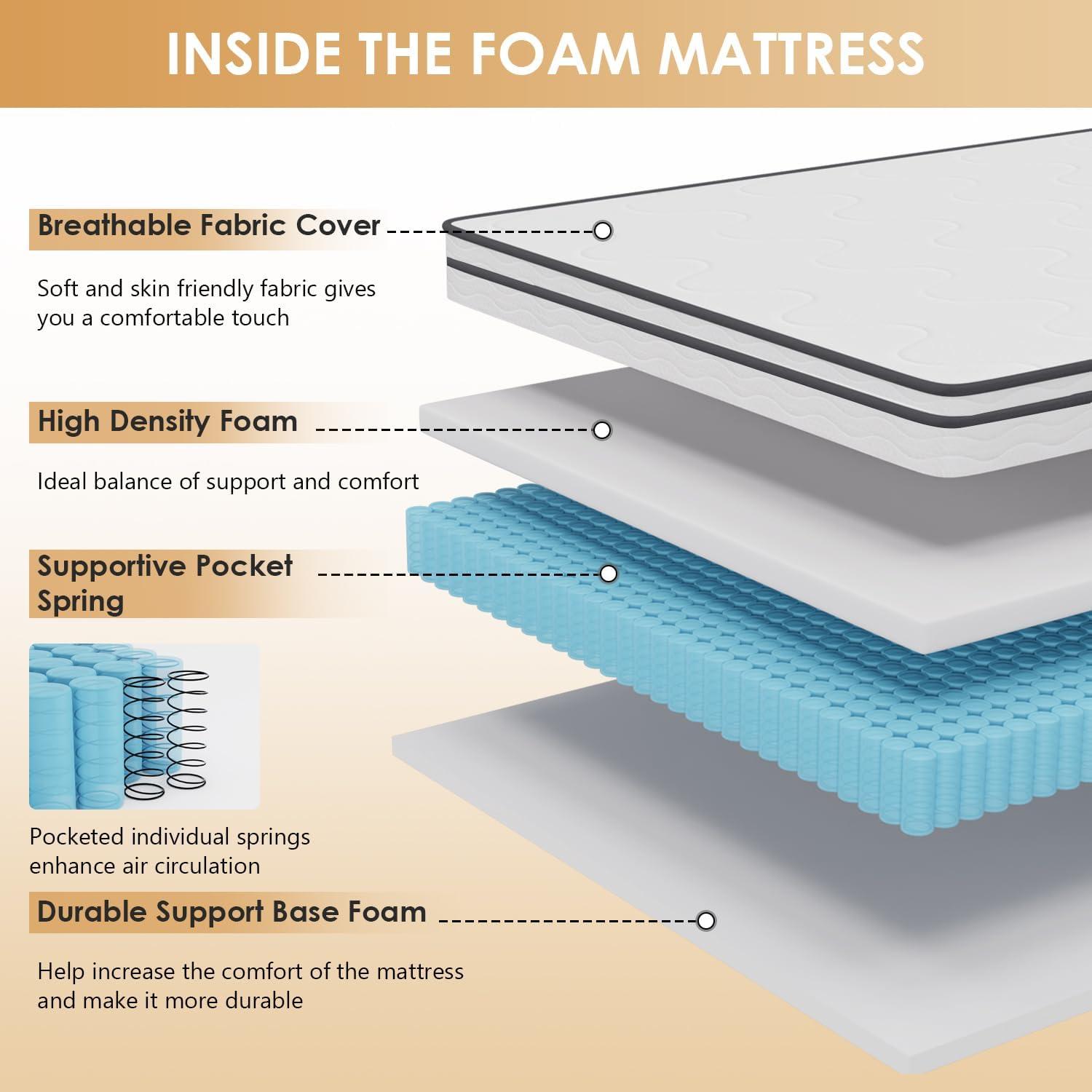 FDW 6 Inch Hybrid Mattress with Innerspring and Foam/Fiberglass Free/Medium Firm Spring Mattress/Mattress in a Box/CertiPUR-US Certified