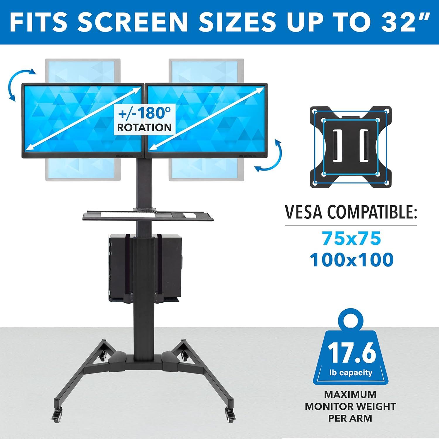 Mount-It! Adjustable Mobile Standing PC Workstation & Computer Cart with Adjustable Keyboard Tray and CPU Holder | Fits Monitors 13 to 32 in.