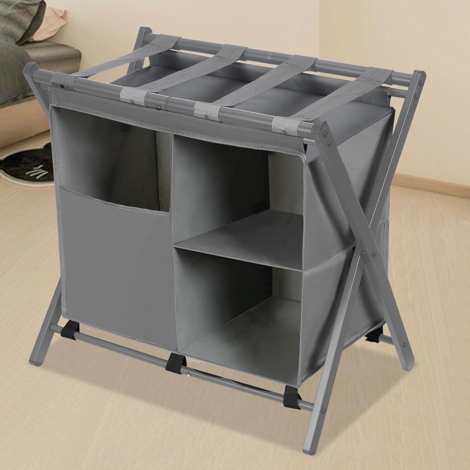 Gray Steel Folding Luggage Rack with Laundry Bag