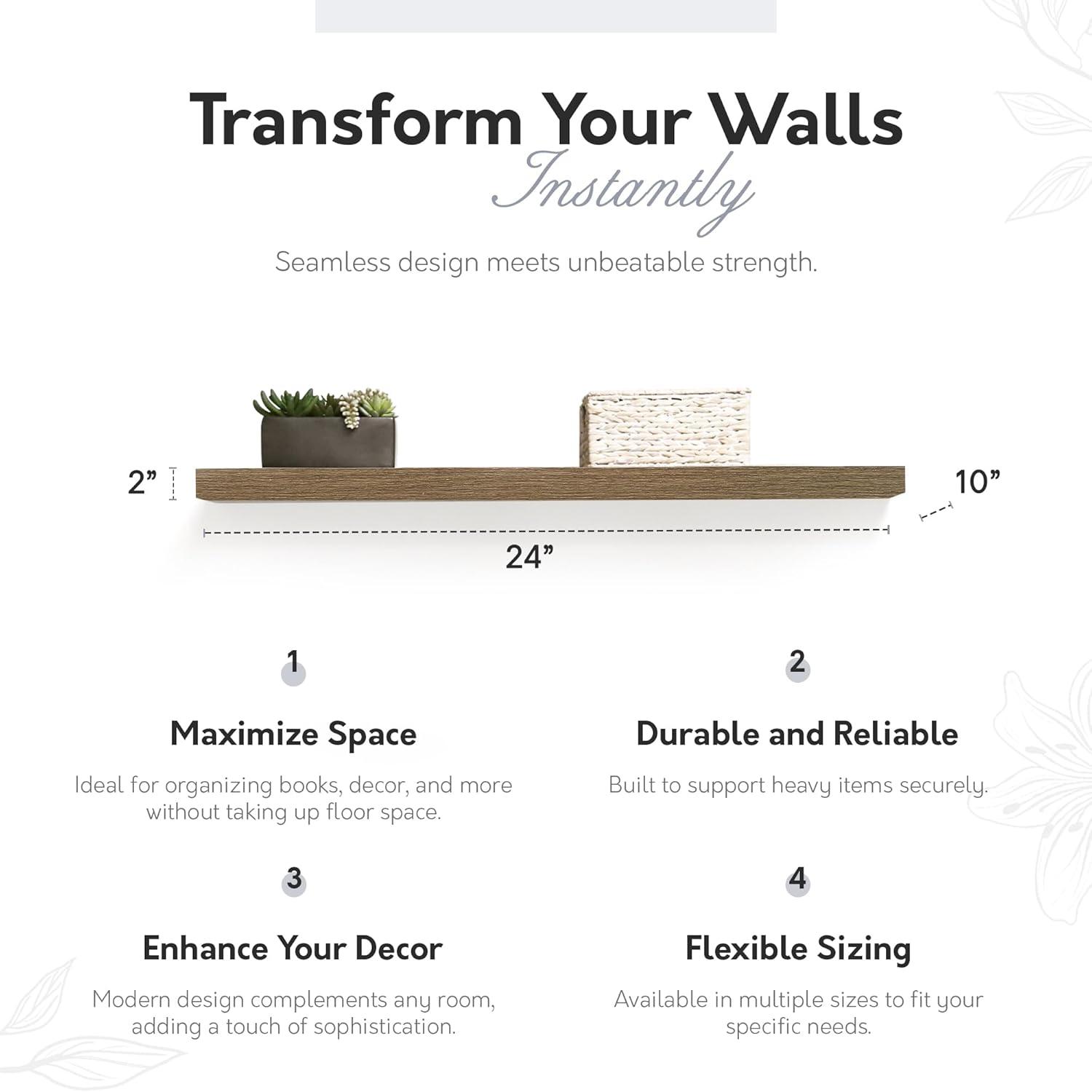 InPlace 24" Floating Shelf Wall Mounted Hidden Brackets Rustic Wood: Modern Design, MDF, Smooth Finish, Includes Mounting Hardware