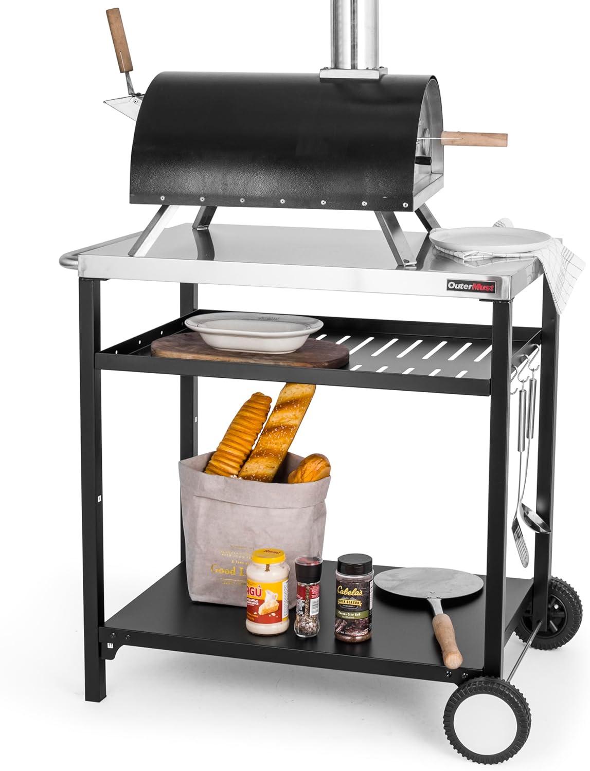 Silver and Black Steel Outdoor Grill Cart with Shelves