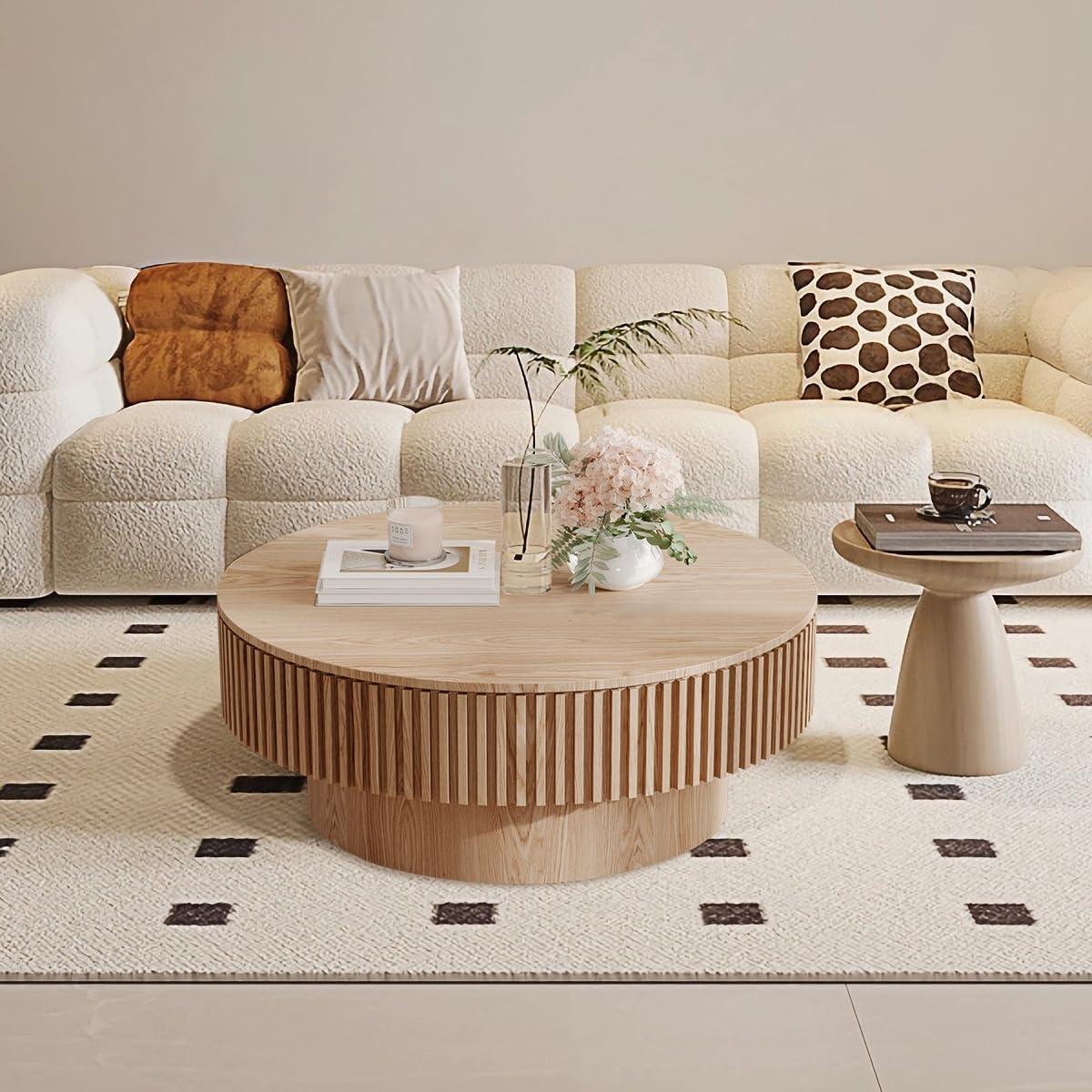 HomVent 31.5'' Round Coffee Table with Storage, Modern Wooden Coffee Table with Solid Wood Veneered, Circle Center Table Accent Tea Table for Living Room, Small Space, Apartment