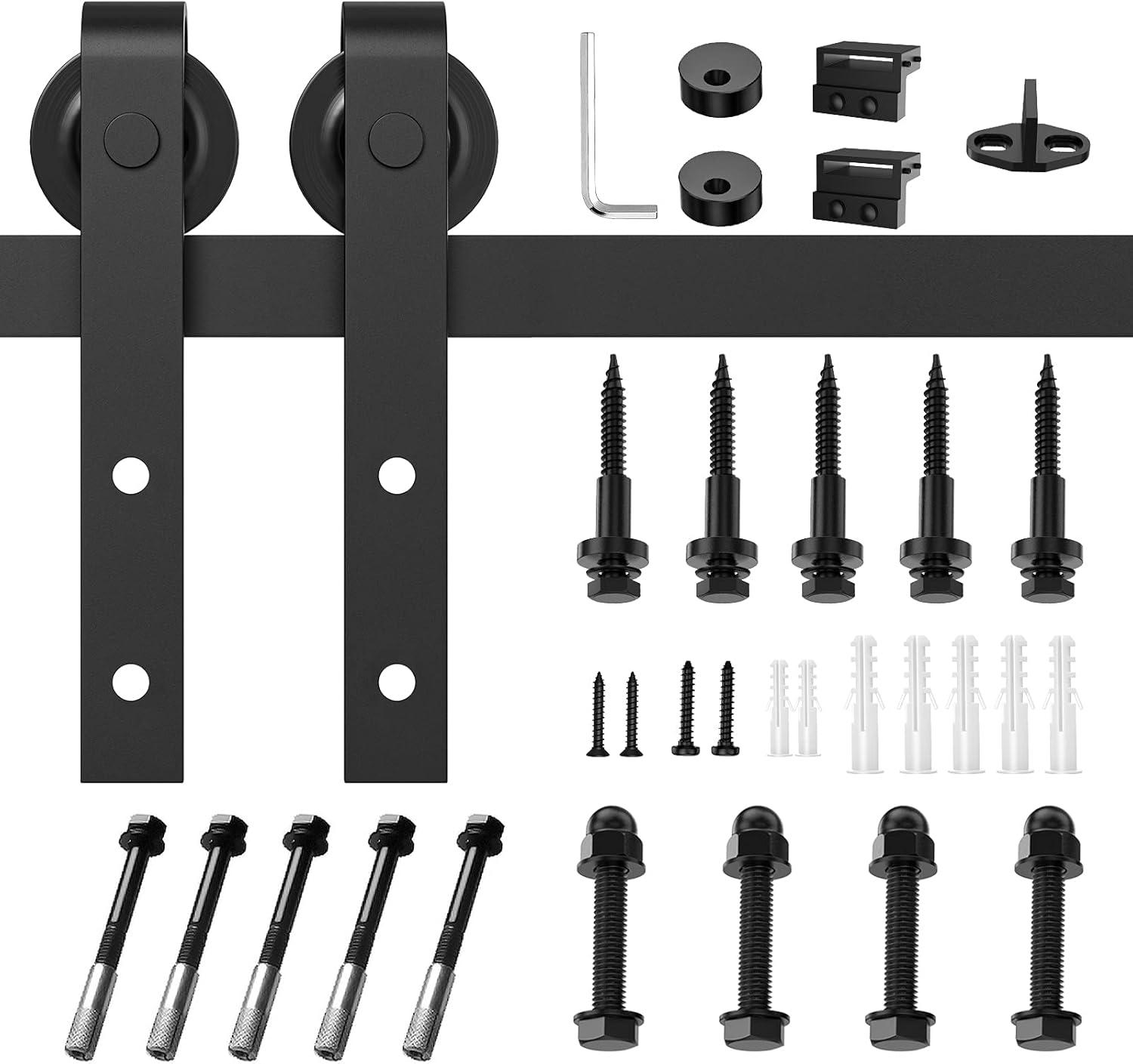 6FT Heavy Duty Barn Door Hardware Kit, Sliding Barn Door Hardware Kit for Wood Single Barn Door, Fit 1 3/8-1 3/4" Thickness & 36" Wide Door Panel, Black, Industrial Big Wheel J Hangers