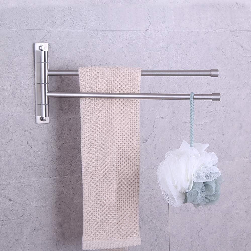 Stainless Steel Swing Out Towel Bar 2-Bar Folding Arm Swivel Hanger Bathroom Storage Organizer Rustproof Wall Mount Brushed Finish