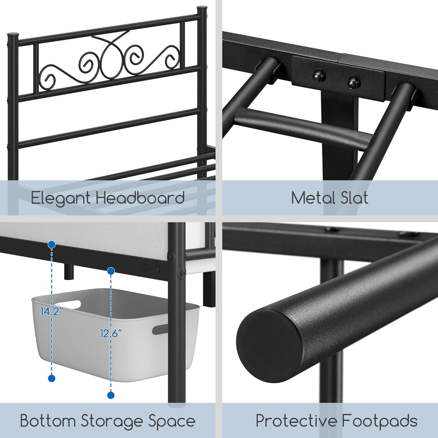 Black Twin XL Metal Platform Bed with Scroll Headboard and Footboard