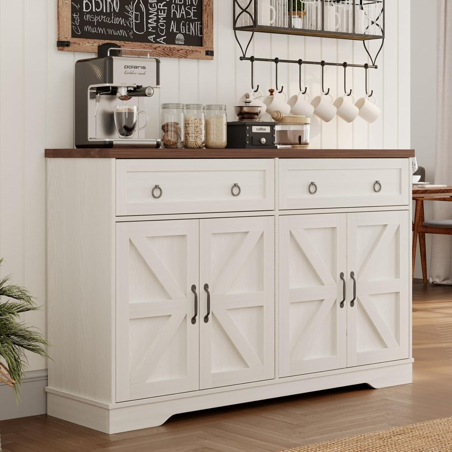 White 55" Modern Farmhouse Buffet Sideboard Cabinet with Walnut Top