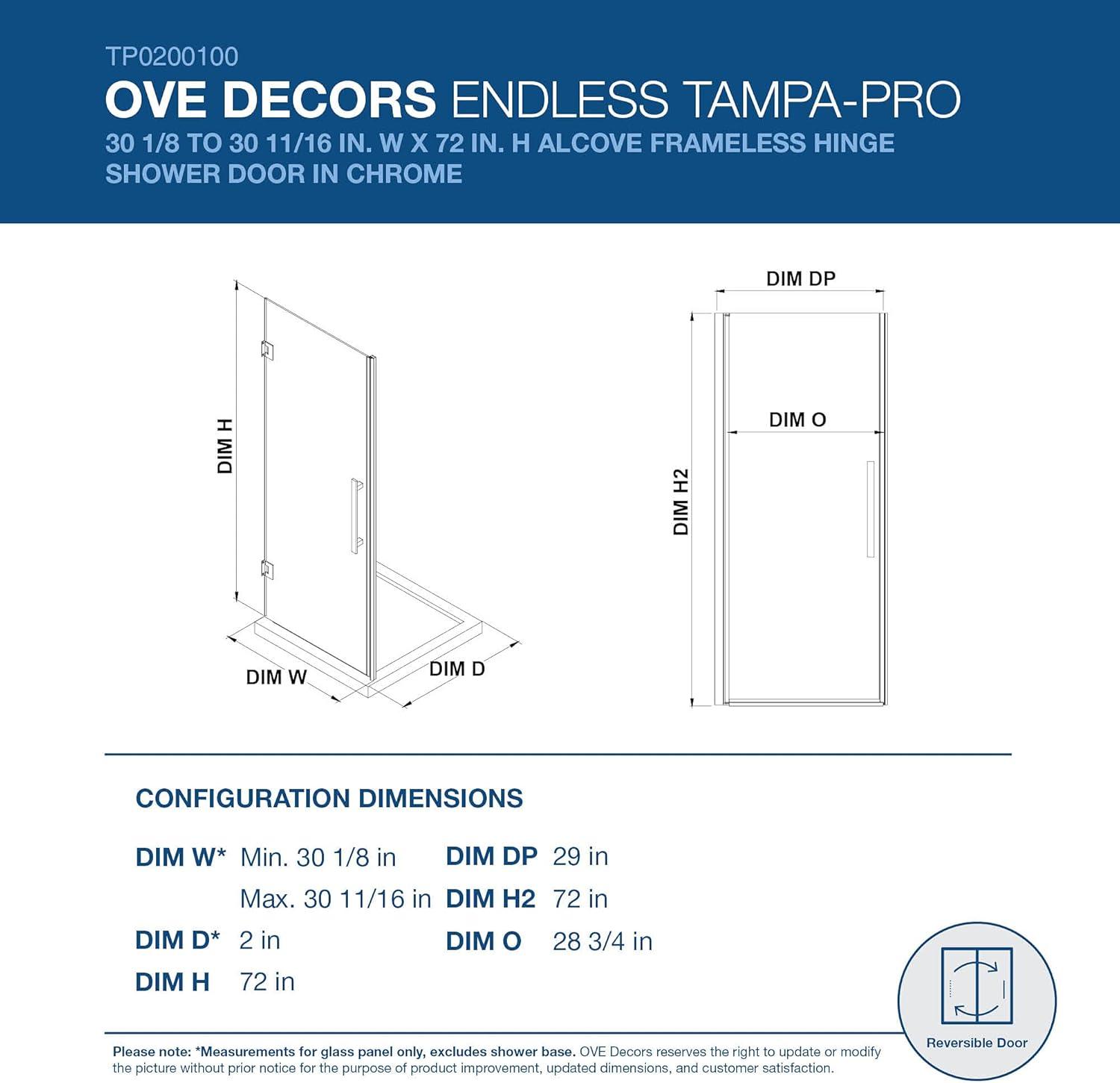 Chrome Frameless Hinge Alcove Shower Door Kit with Tempered Glass