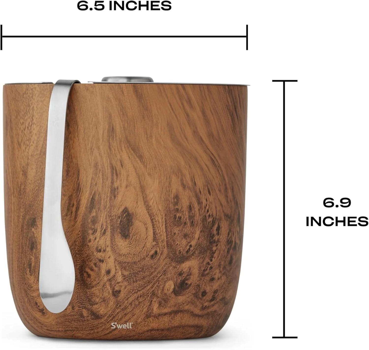 S'well Wood Triple-Layered Vacuum-Insulated Stainless Steel Ice Bucket with Tongs, Teakwood