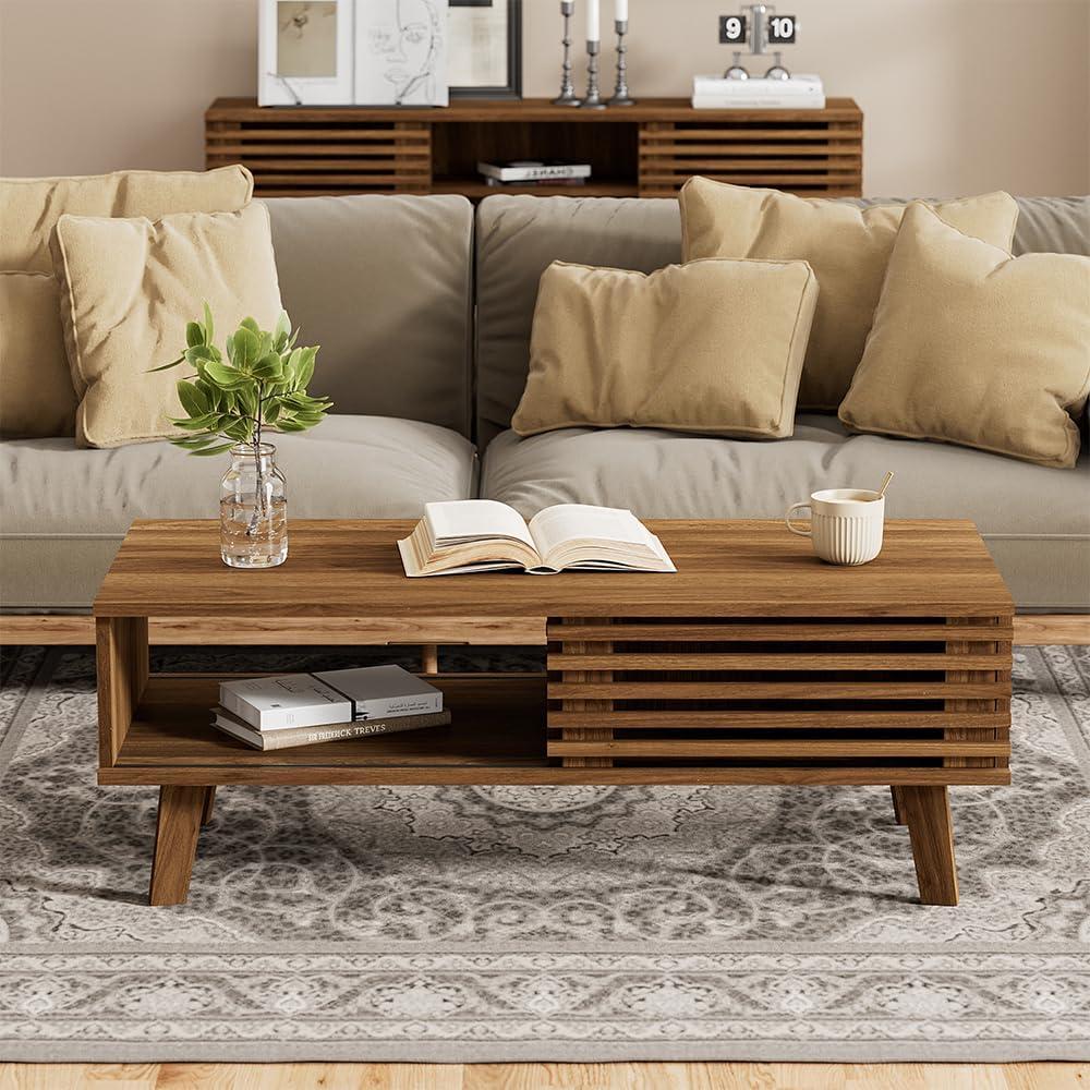 Walnut Mid-Century Modern Coffee Table with Open Storage Shelf