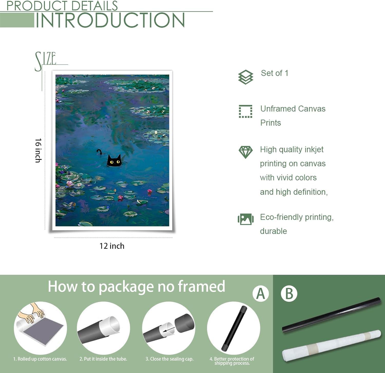 Black Cat Wall Art Monet Canvas Prints Vintage Famous Oil Paintings Funny Cat in Water Lilies Posters Room Decor For Bedroom Living Room Bathroom Aesthetic Wall Decor 12x16in Unframed