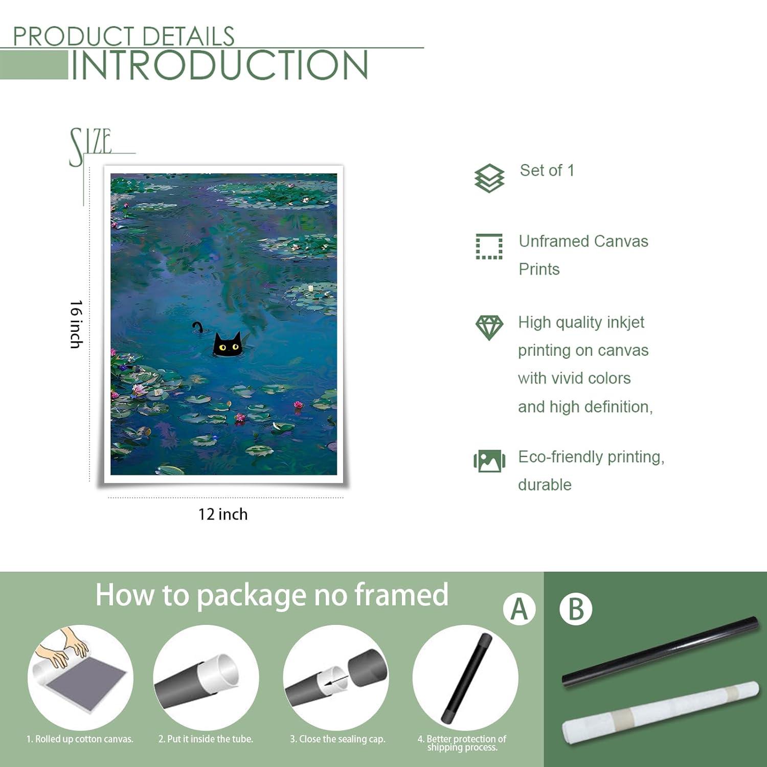 Black Cat Wall Art Monet Canvas Prints Vintage Famous Oil Paintings Funny Cat in Water Lilies Posters Room Decor For Bedroom Living Room Bathroom Aesthetic Wall Decor 12x16in Unframed