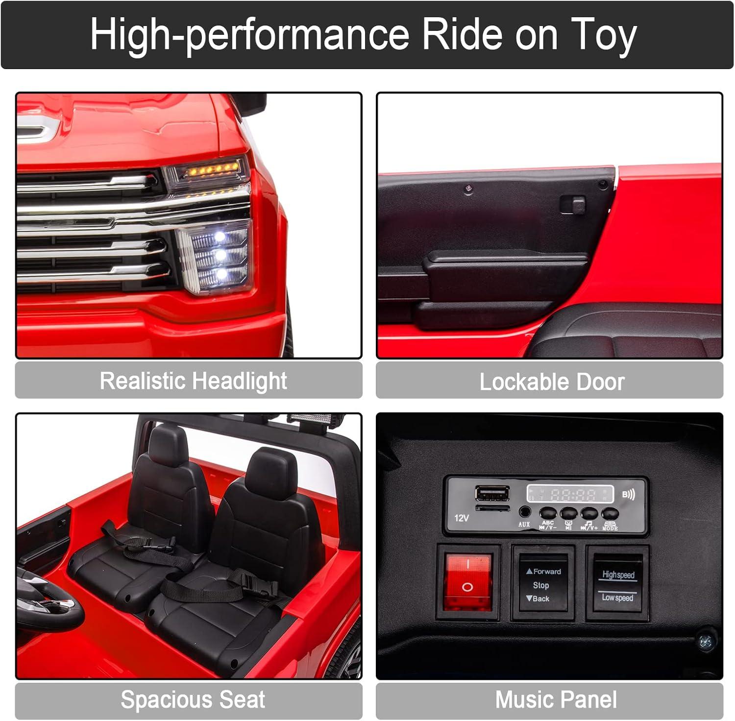 LUIBAS 24V Ride on Toy, 2 Seater Licensed Chevrolet Silverado HD with Remote Control, Battery Powered Kids Electric Ride on Truck for Boys Girls with Wear-Resistant EVA Tires, Music, Bluetooth, Red