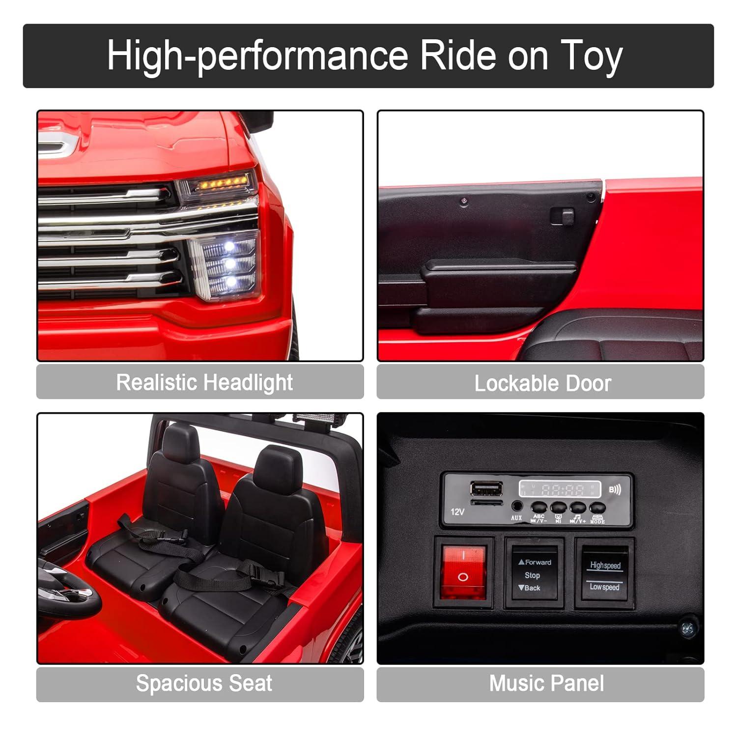 LUIBAS 24V Ride on Toy, 2 Seater Licensed Chevrolet Silverado HD with Remote Control, Battery Powered Kids Electric Ride on Truck for Boys Girls with Wear-Resistant EVA Tires, Music, Bluetooth, Red