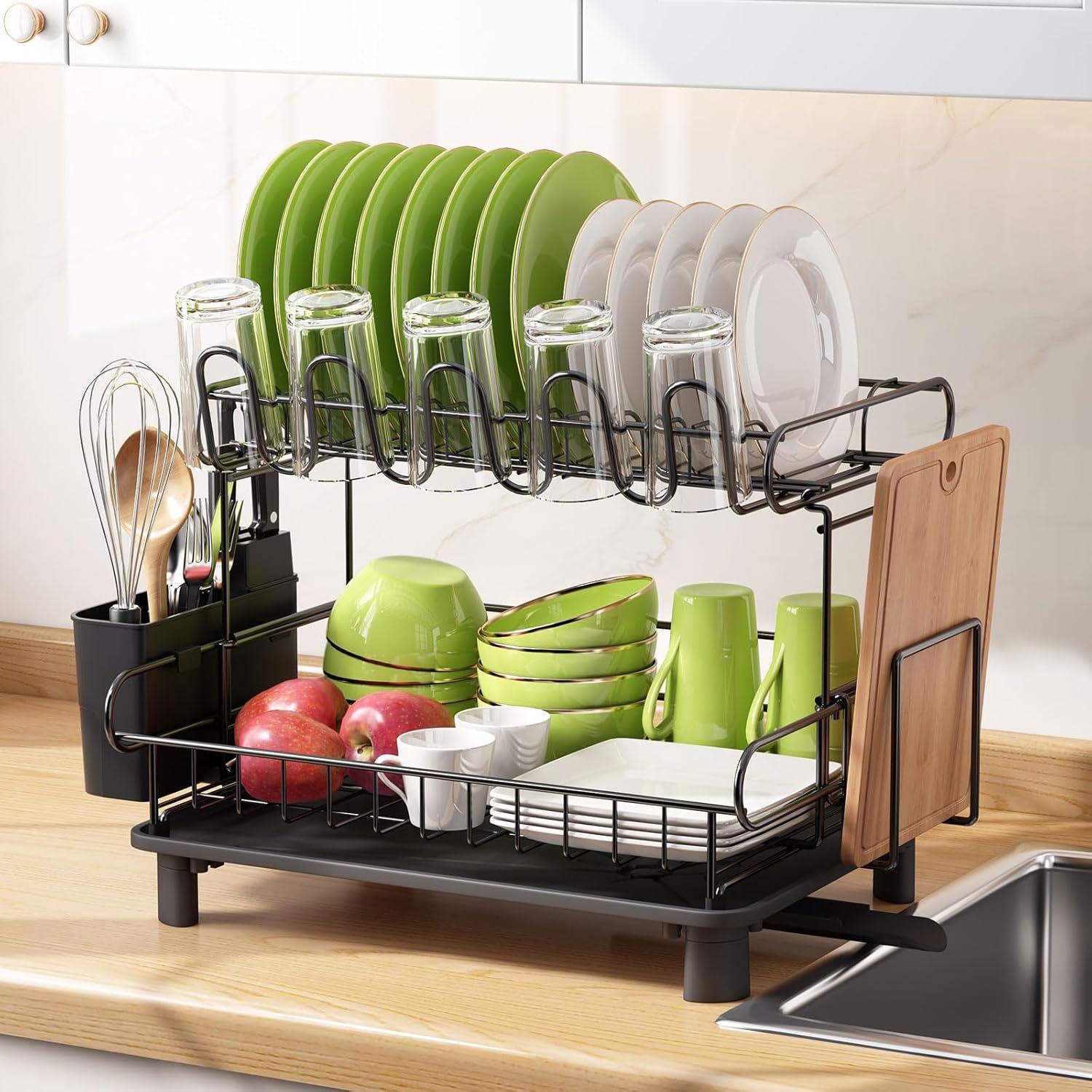 Black Two-Tier Stainless Steel Dish Drying Rack with Utensil Cup