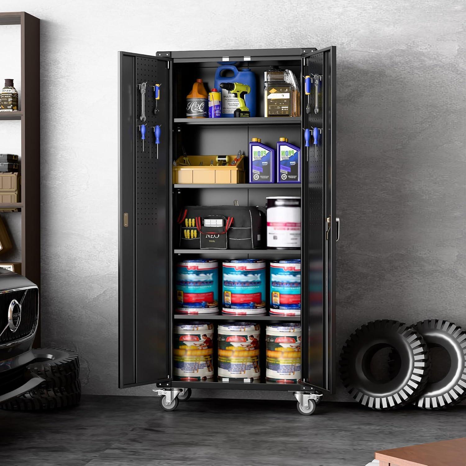 AOBABO 72 Inch Locking Metal Garage Storage Cabinet with Universal Rubber Wheels with Lockable Casters, Pegboards, and Magnetic Doors, Black