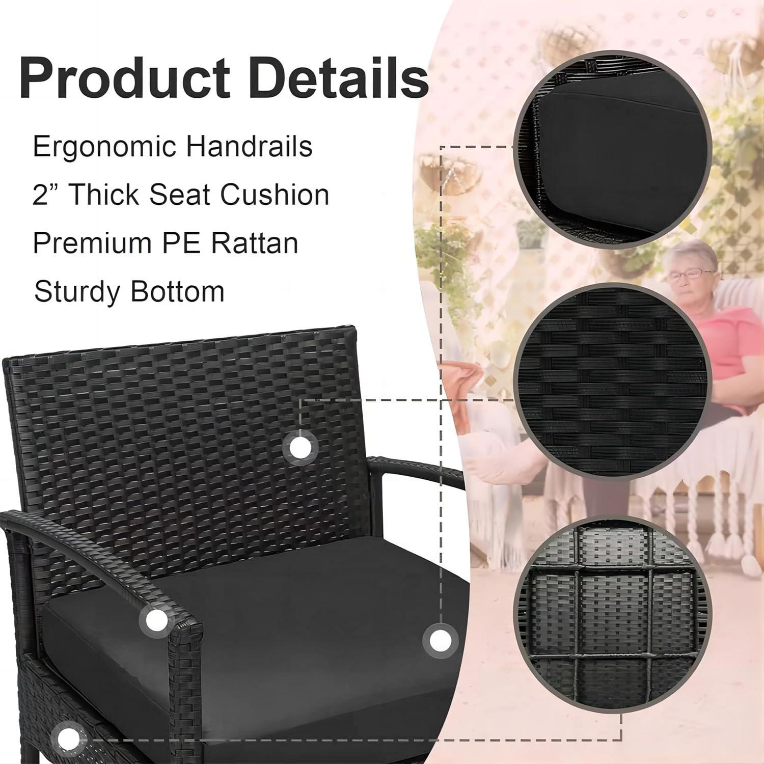 Tappio Outdoor Furniture 3 Piece Patio Bistro Furniture Set, Rattan Conversation Chairs Set with Side Table and Cushions, Patio Furniture Sets for Balcony Garden Porch, Black