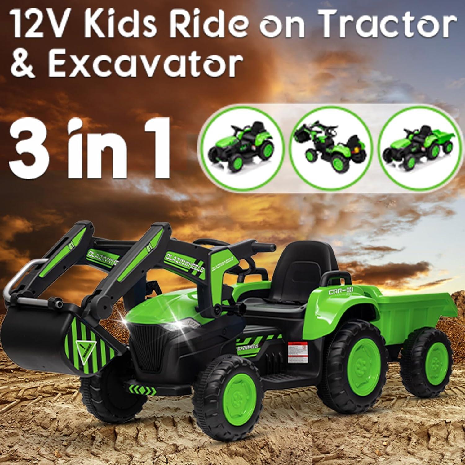 Green 12V Kids Ride-On Tractor with Detachable Trailer