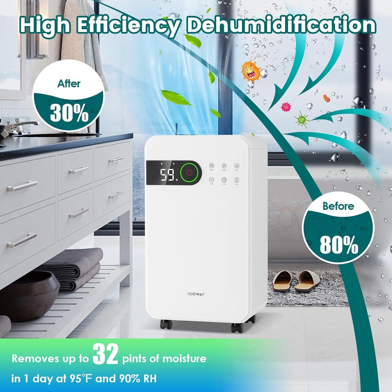 Costway Dehumidifier for Home Basement Portable 32 Pints with Sleep Mode up to 2500 Sq. Ft