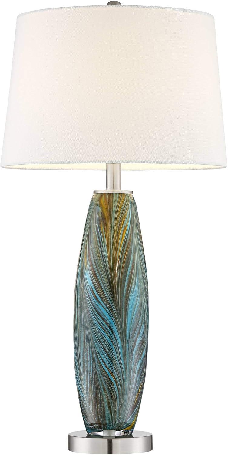 360 Lighting Azure Modern Table Lamps 29 1/2" Tall Set of 2 Blue Brown Art Glass White Fabric Drum Shade for Bedroom Living Room Bedside Nightstand