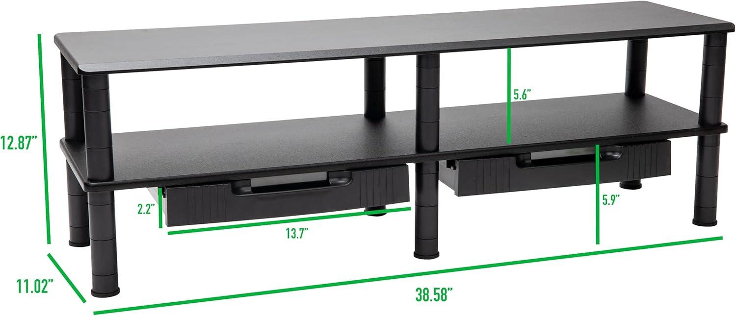 Black Dual Monitor Stand with Storage Shelves and Drawers