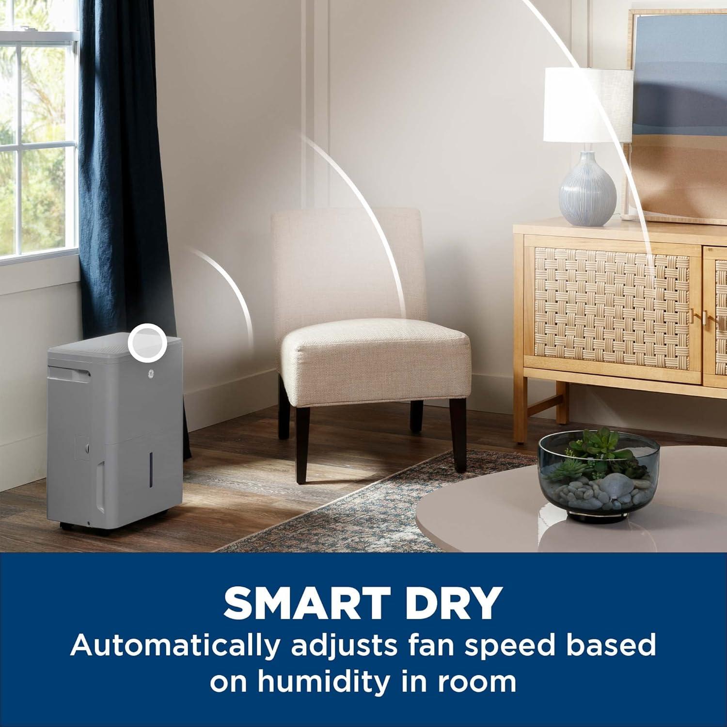 GE ADYR50LC 50-Pint Energy Star Portable Dehumidifier with Smart Dry for Wet Spaces, Grey