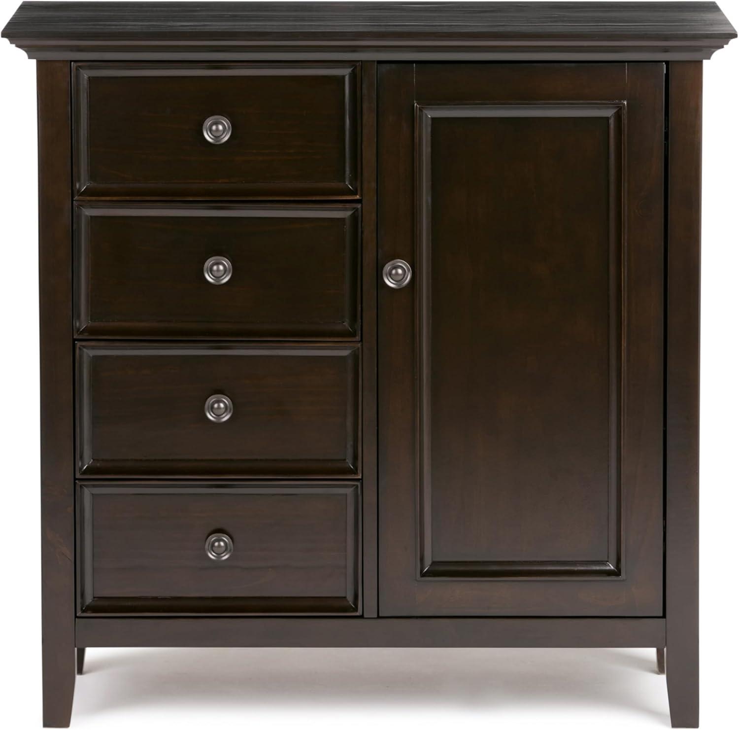 Simpli Home Amherst 32"W Solid Wood 2-Shelf Low Storage Cabinet with Adjustable Shelves and Tapered Legs