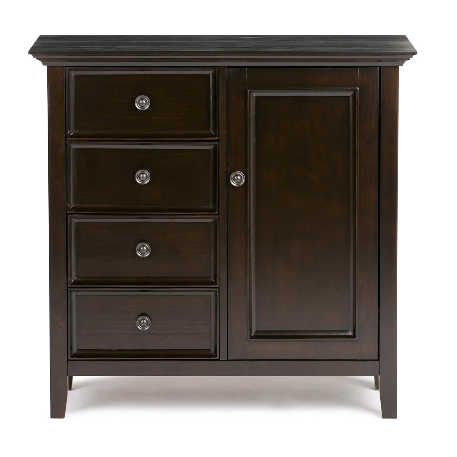 Simpli Home Amherst 32"W Solid Wood 2-Shelf Low Storage Cabinet with Adjustable Shelves and Tapered Legs