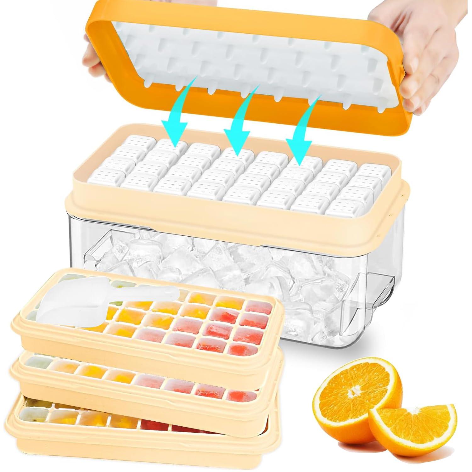 Ice Cube Tray with Lid and Bin, 64 pcs Ice Tray Kit with Ice Scoop, Ice Cube Pop Out Tray, Ice Cube Trays for Freezer, Ice Cube Molds, BPA Free, Easy Release Stackble Spill-Resistant (Green)