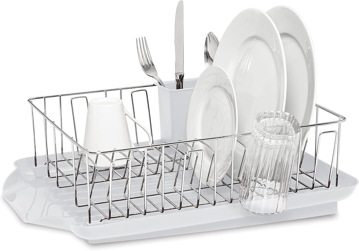 White Plastic and Metal Large Dishrack with Removable Caddy